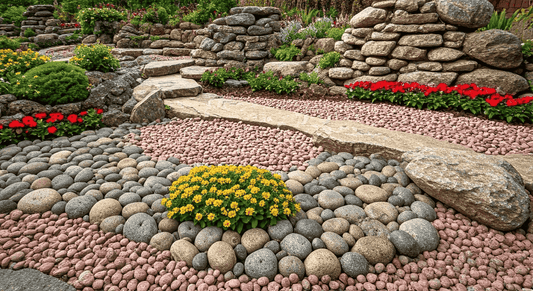 A garden full of flowers and stones
