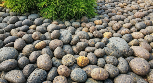 Garden with pond pebbles and river rocks